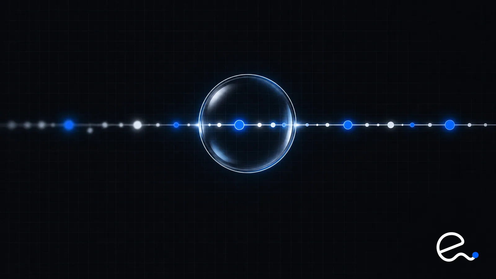 Abstract timeline of glowing release nodes of varying size passing through a single focusing lens