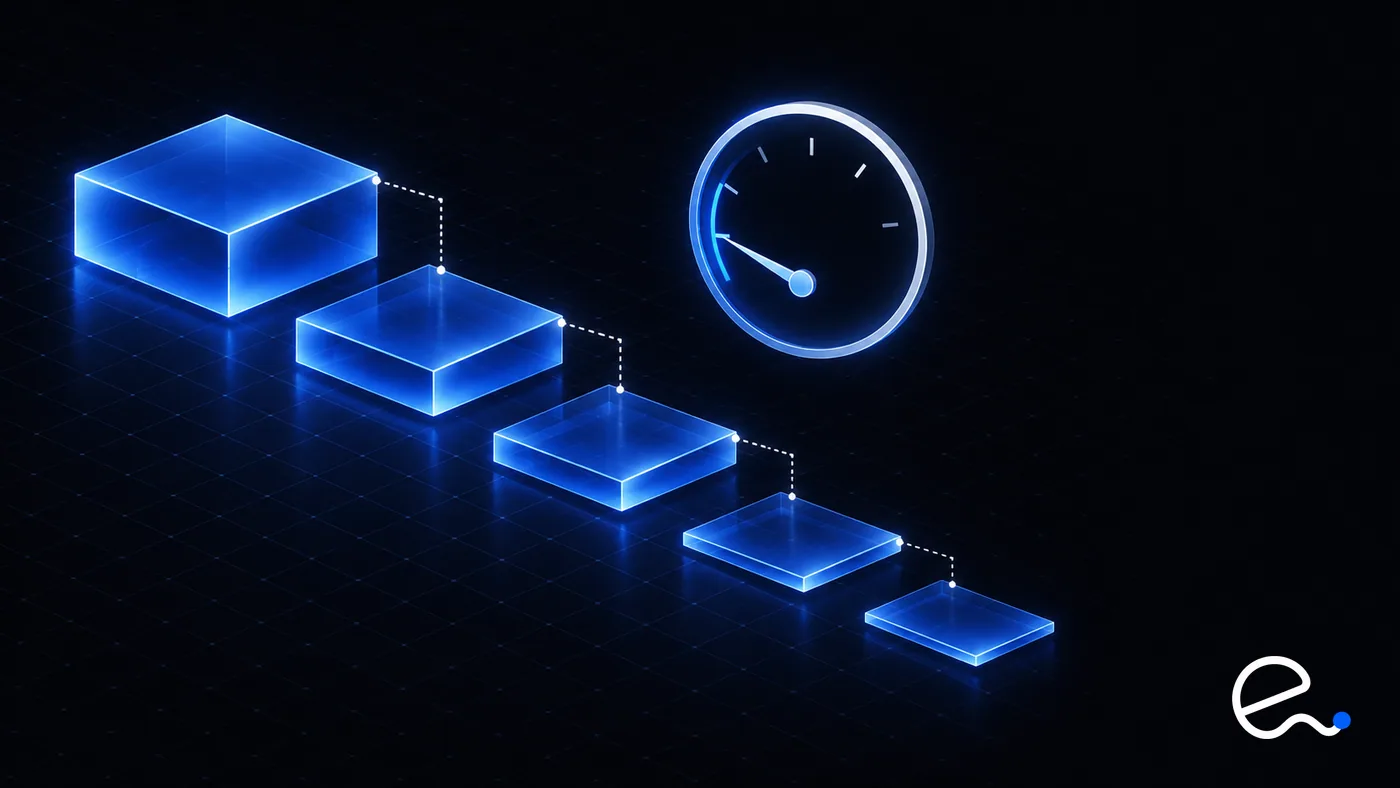 A descending staircase of translucent blue blocks beneath a round dial gauge, suggesting falling cost tiers