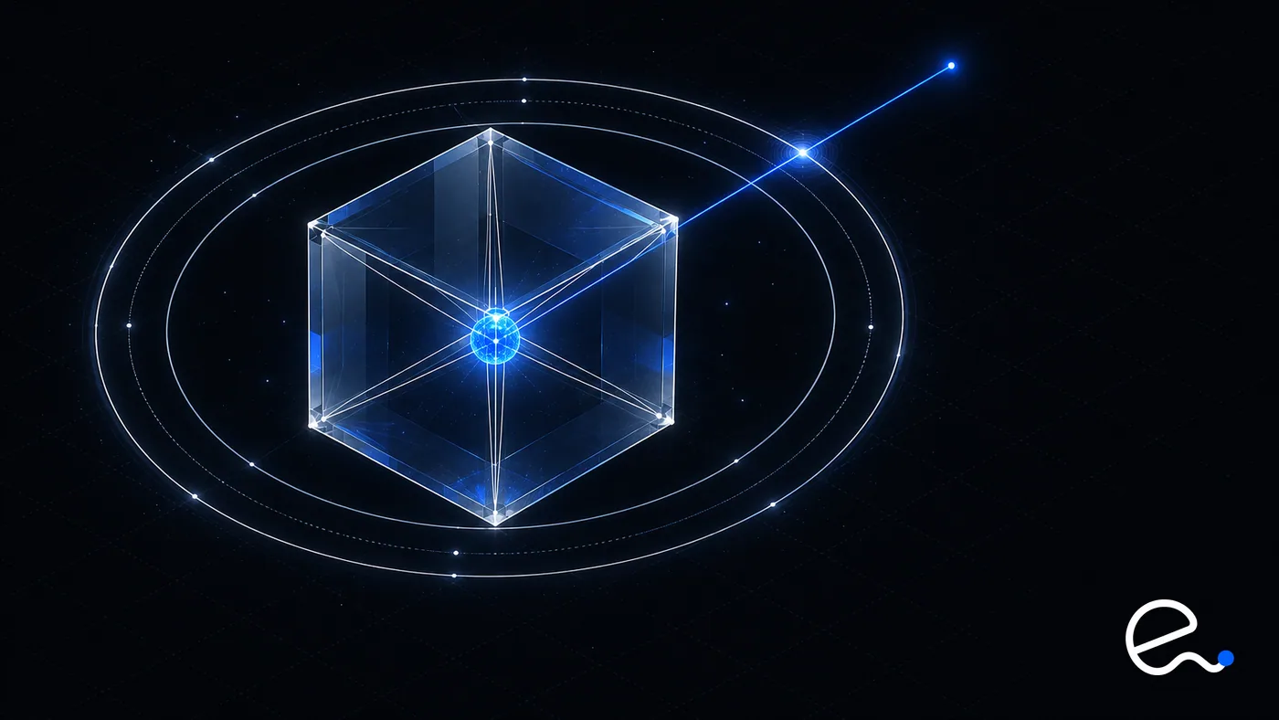 A transparent cube containing a small glowing node, tethered to its walls, surrounded by concentric boundary rings