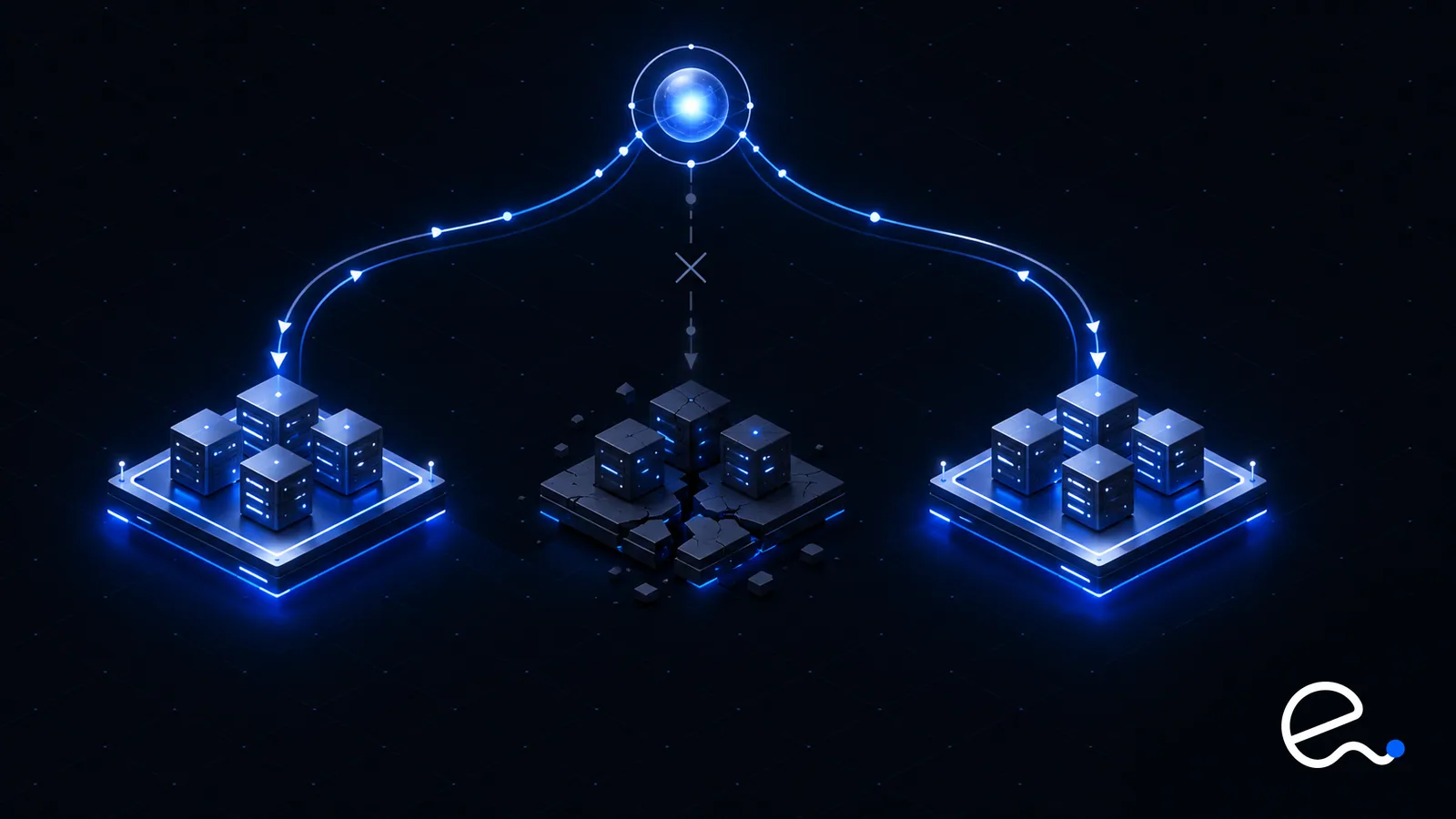 A load balancing node routes traffic around a failed zone to two healthy zones