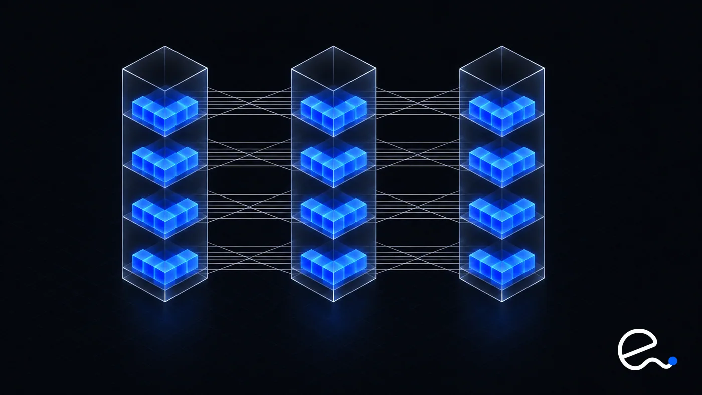 Three identical vertical stacks of layers connected by horizontal lines between matching layers
