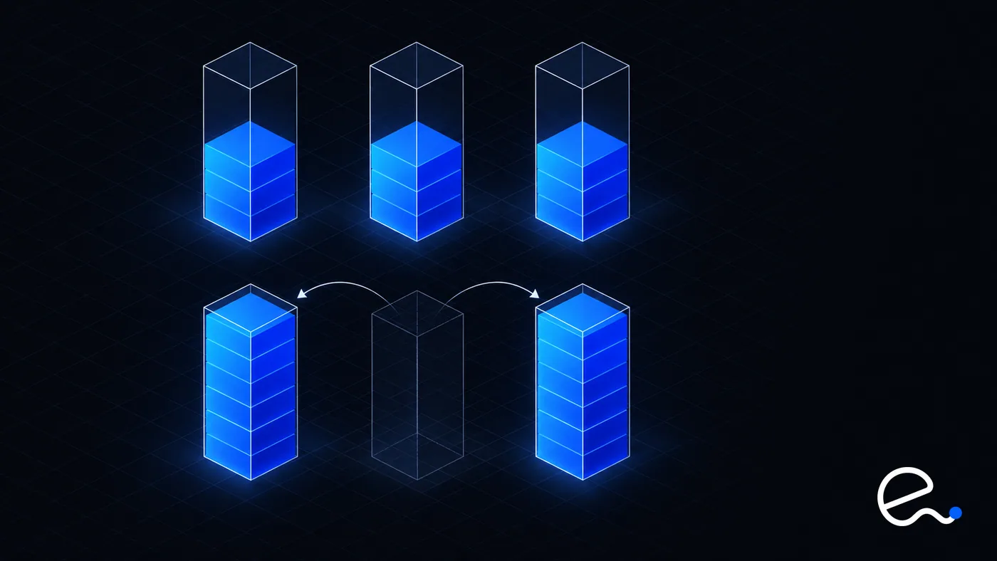 Top row of half-filled towers, bottom row where a missing tower's load shifts onto two full towers