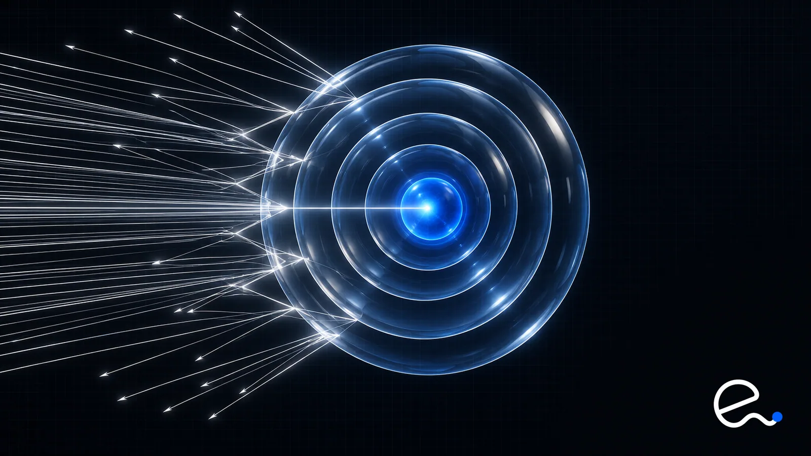 Concentric translucent rings shielding a glowing blue core while a stream of lines bounces off the outer layers