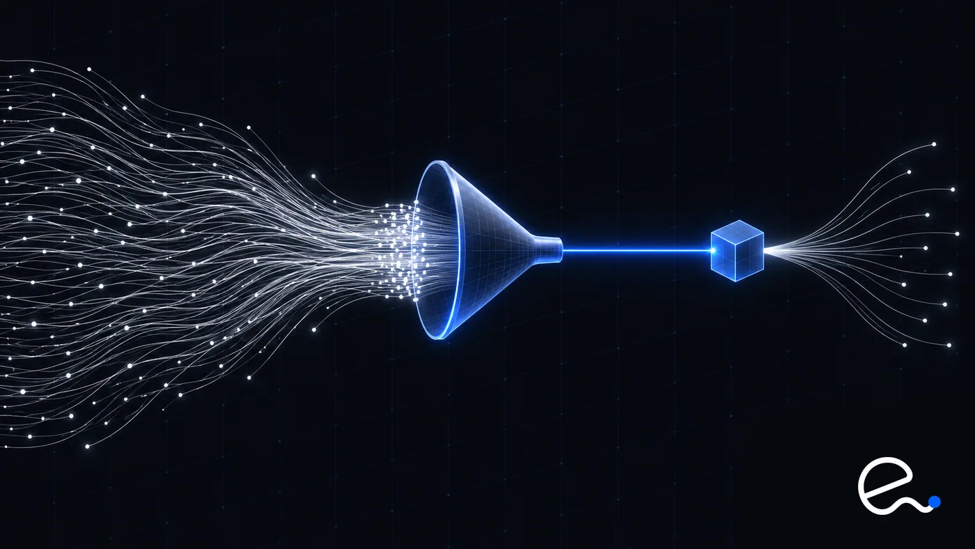 A crowd of thin lines narrowing through a single funnel into one blue line toward a database cube