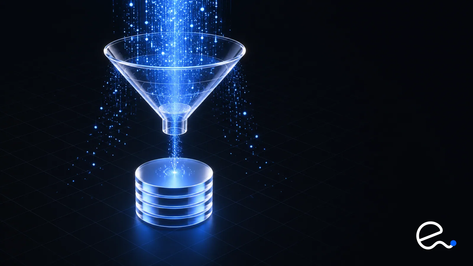 A glass funnel narrowing a stream of light particles above a stack of discs