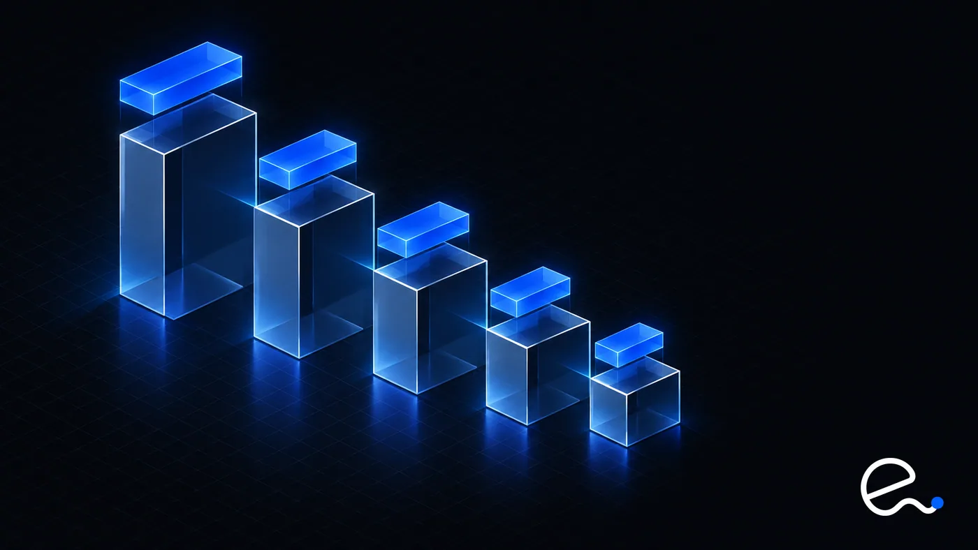 A descending staircase of translucent blocks with a slice drifting away from each step