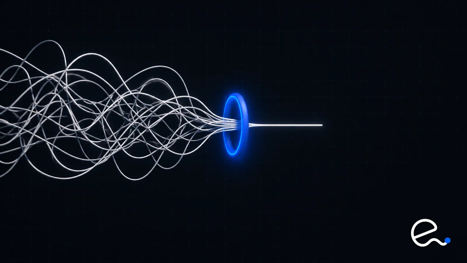 A tangle of white lines drawn through a glowing blue ring and emerging as one short straight line