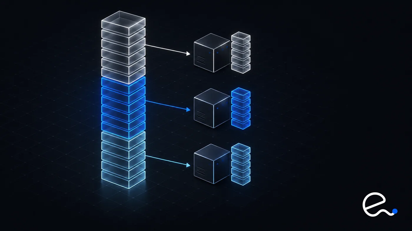A tall stack of blocks with three machines each taking a separate contiguous slab, outlined in different shades