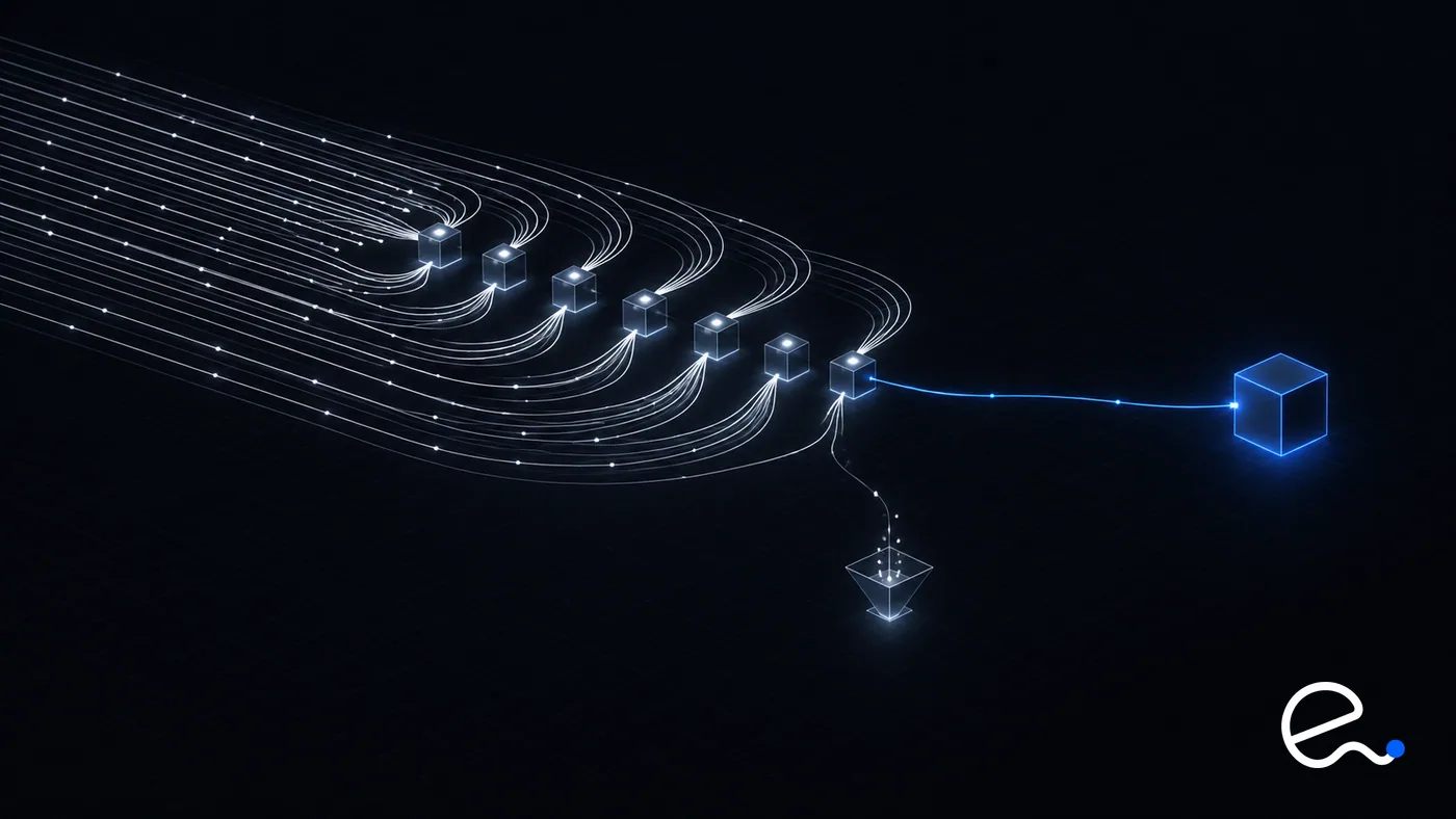 A wide fan of lines reaching edge nodes where most turn back, with one blue line continuing to a database cube