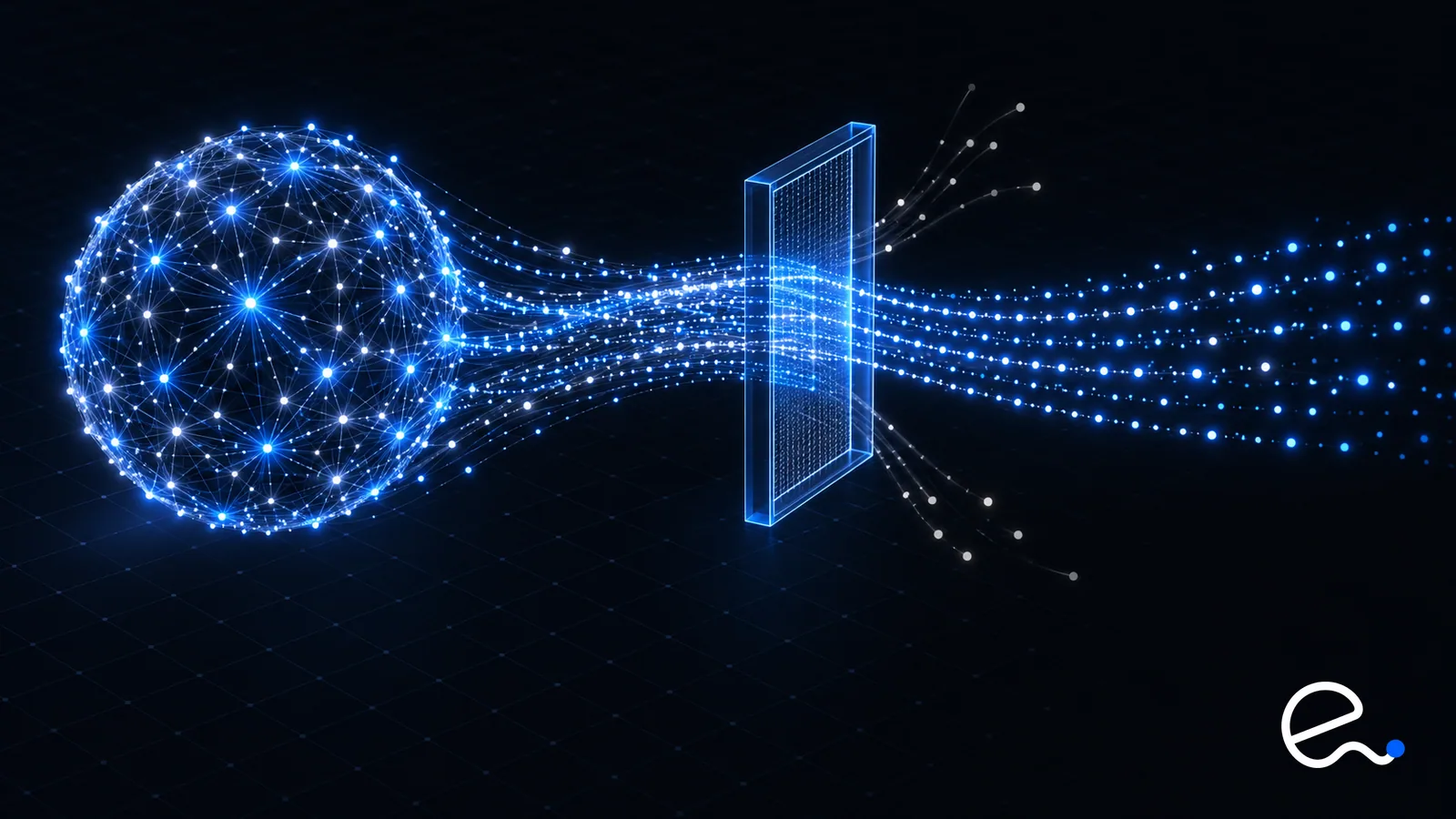 A glowing neural sphere sending streams of particles through a precise scanning gate, some passing, a few deflected