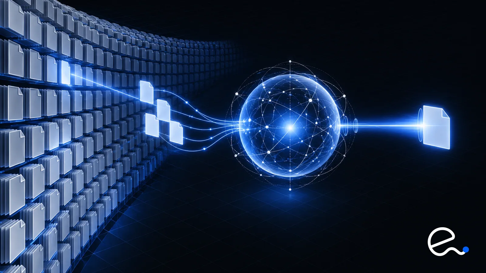 A wall of glowing documents with a thin beam of light pulling a few sheets toward a central model that emits an answer