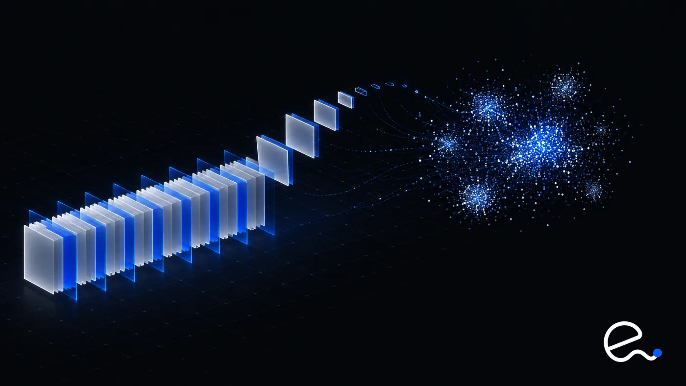 A long document sliced into overlapping segments, each segment becoming a point in a cloud of vectors