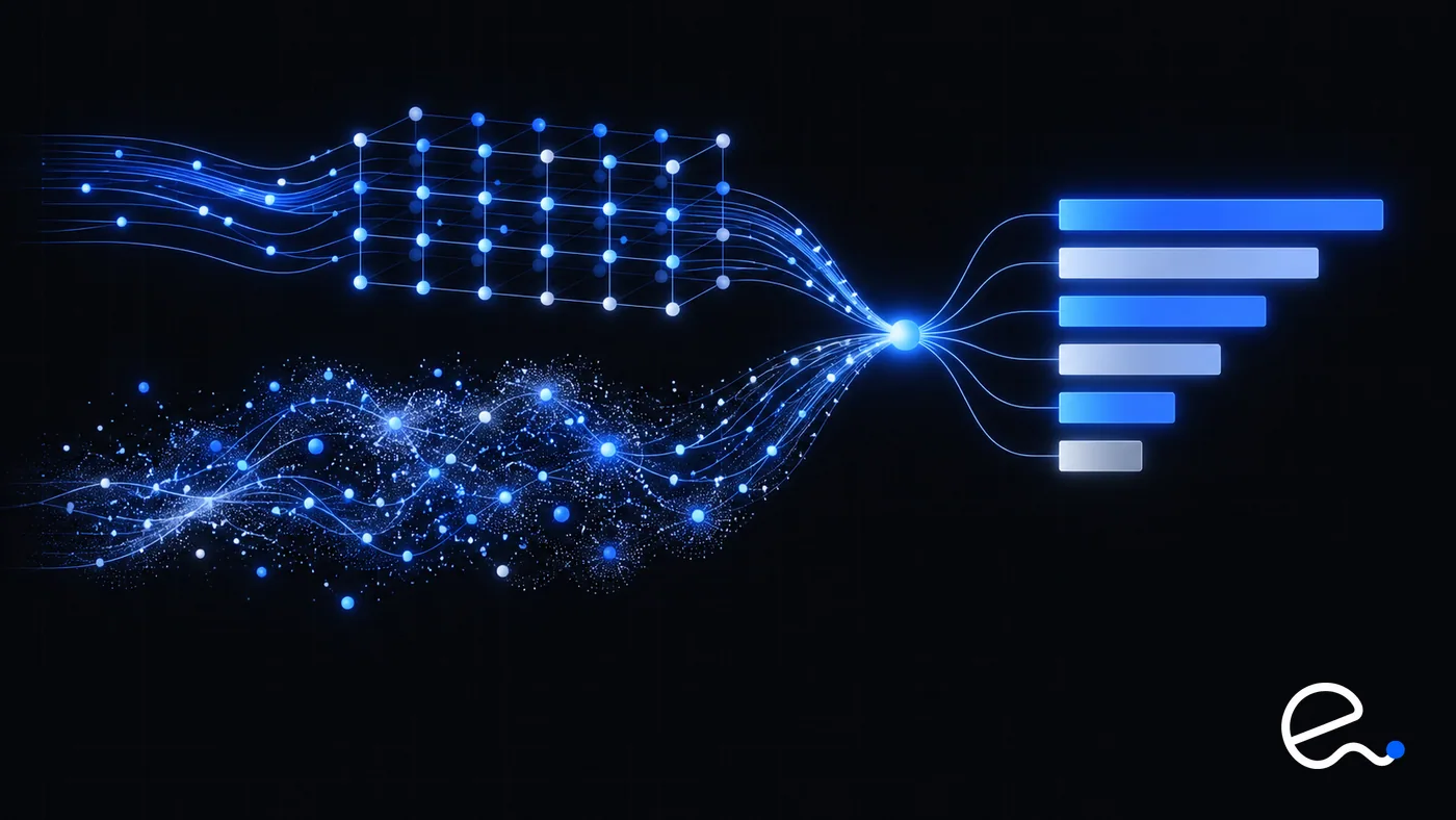 Two streams, a keyword lattice and a vector cloud, merging into a single ranked stack